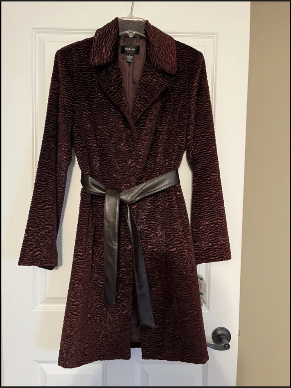 Style & Co. Women's Dark Brown Textured Faux Fur Belted Trench Coat